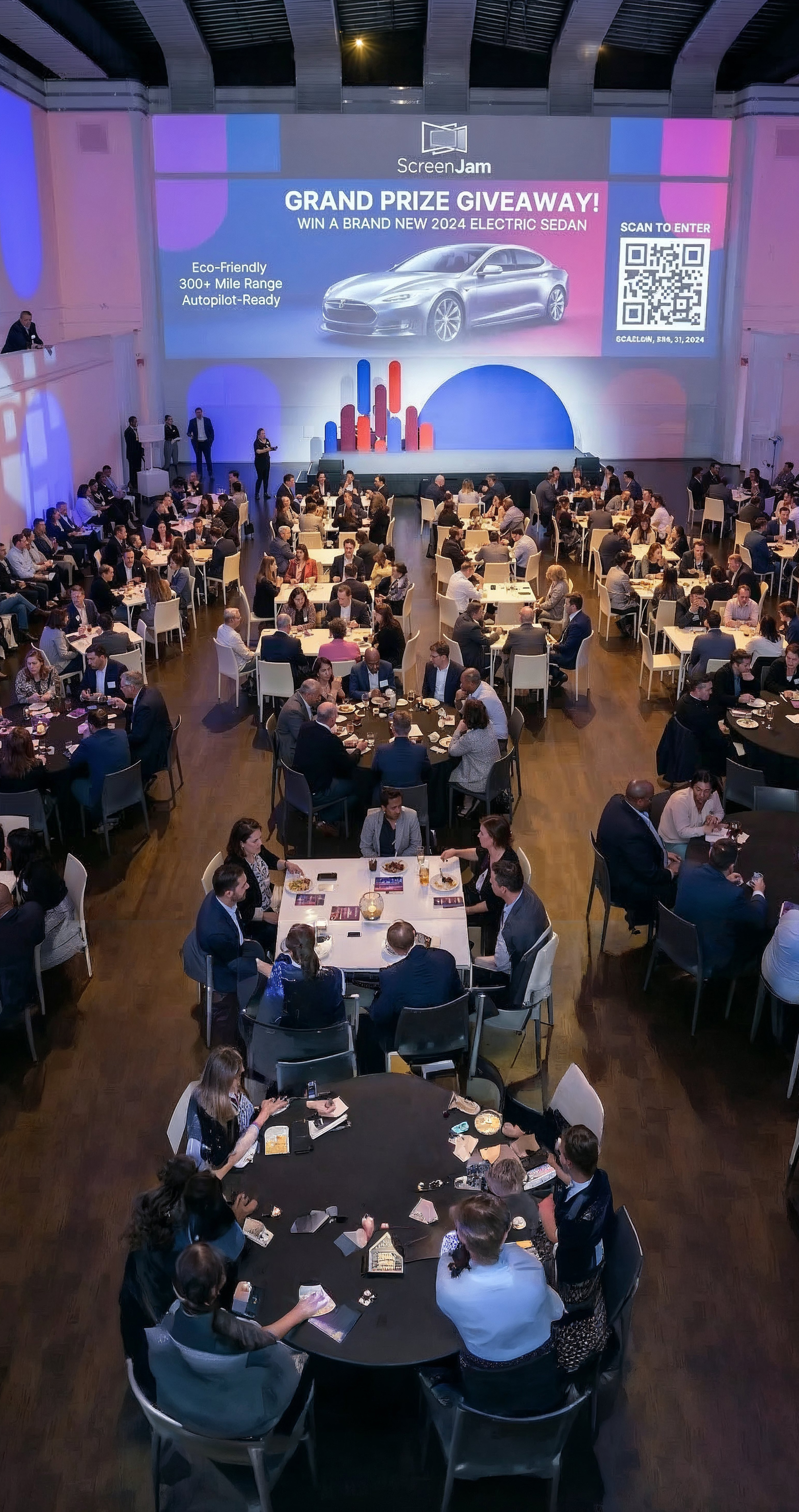 Grand Prize Giveaway screen showing a car prize at a Screenjam event