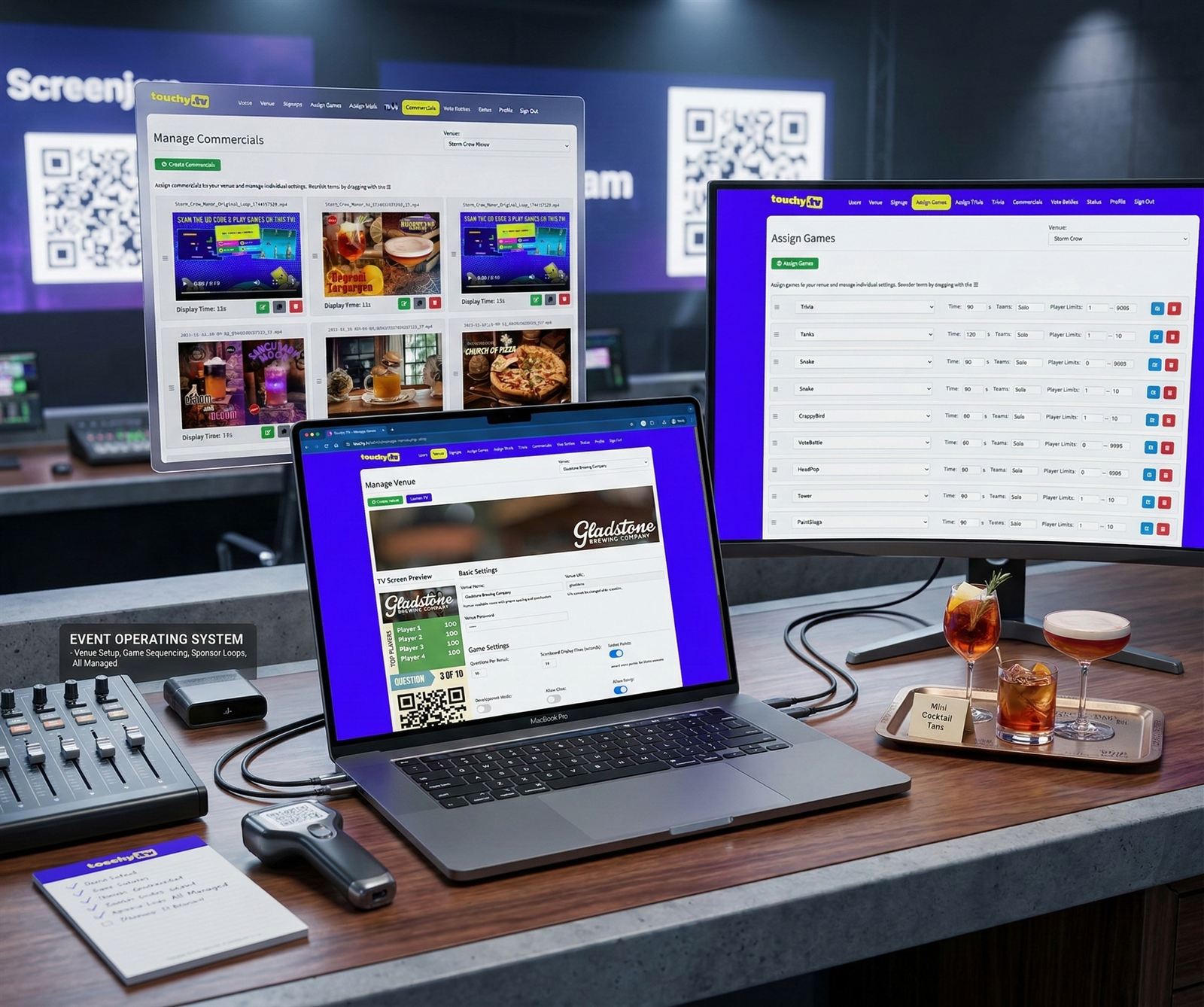 Screenjam operating-system style mockup showing setup, sequencing, and sponsor control