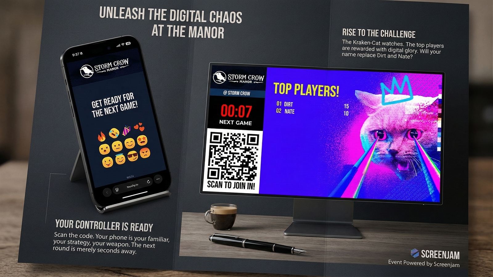 A finale-style Screenjam screen showing rankings and the next live moment