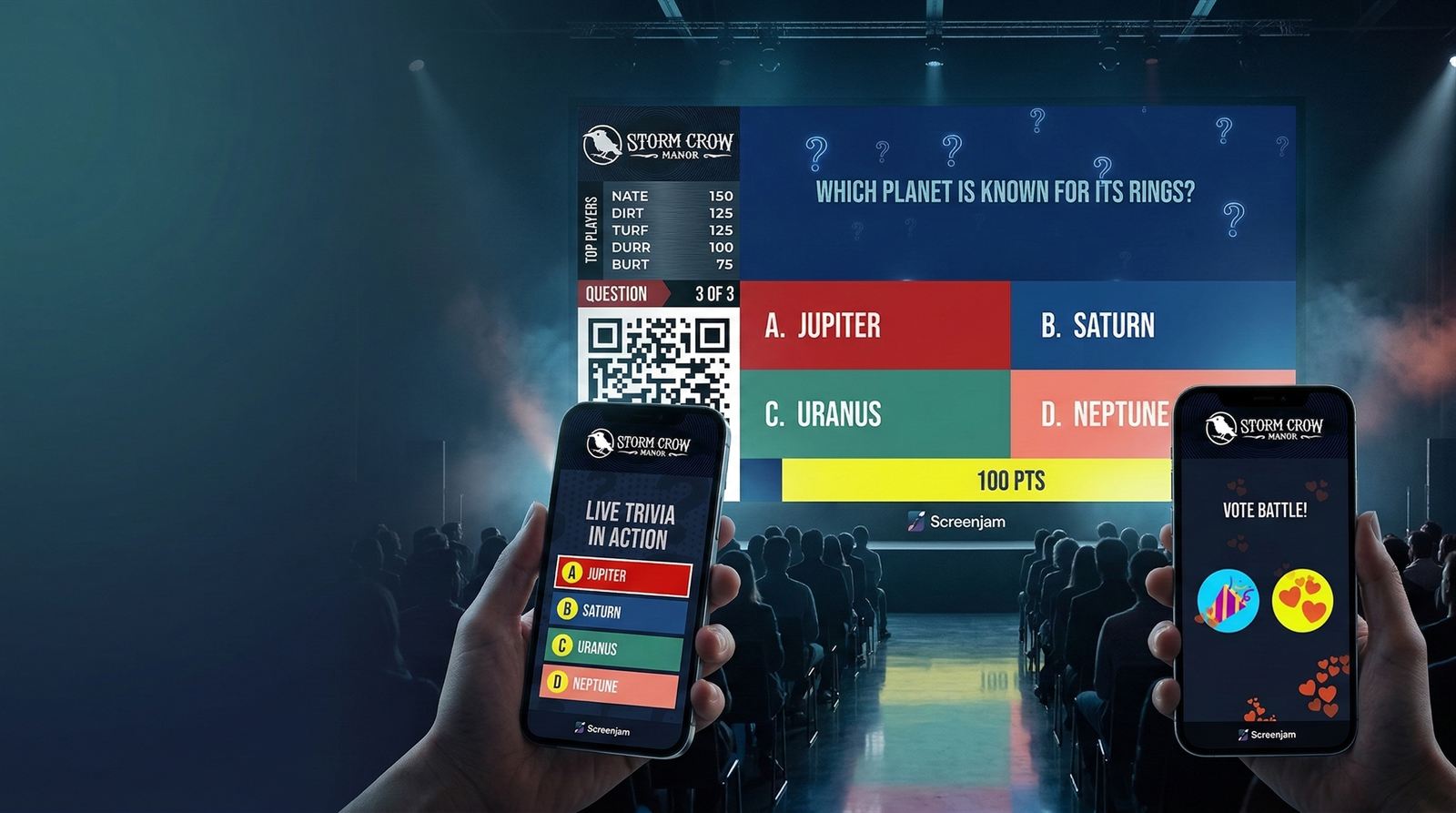 Screenjam stage-ready event mockup showing a large screen, phones, and live audience states