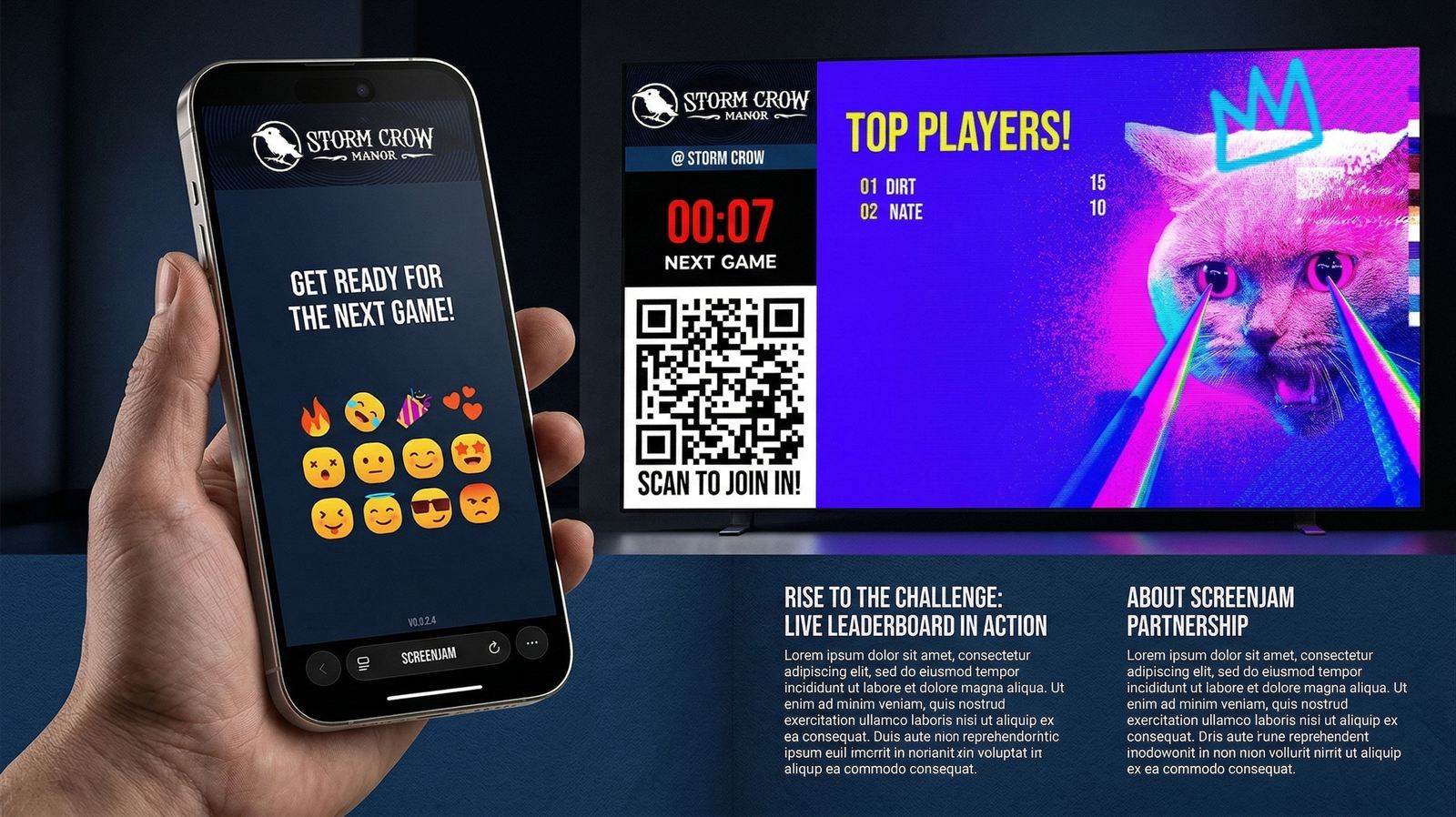 Branded Screenjam content displayed across a large event screen